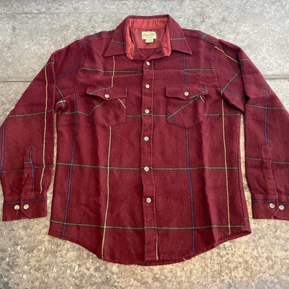 Vintage Mens Store Acrylic Plaid Flannel Button Up L/S Shirt Red Mens Medium